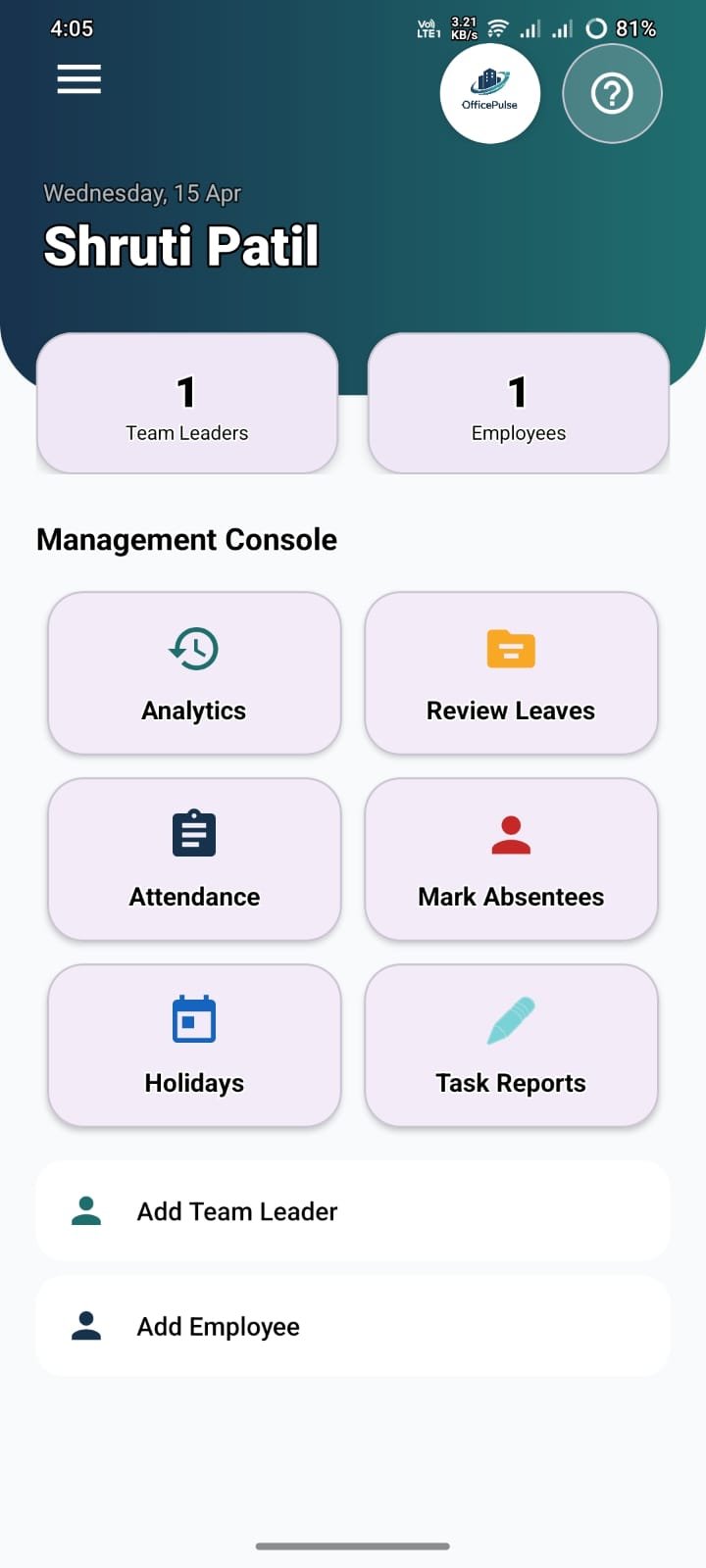 OfficePulse Android app interface